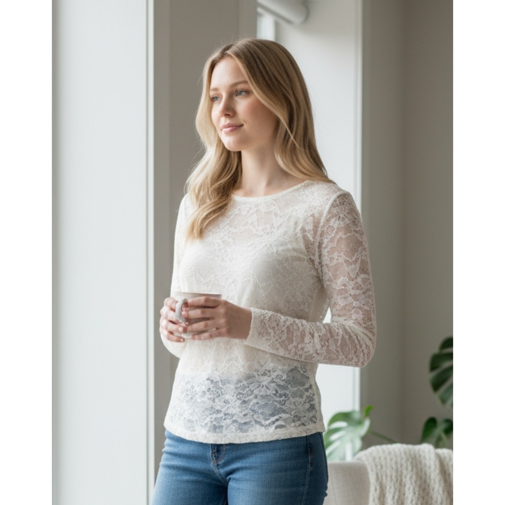 Urban Social Lace‎ Sheer Top Nordstrom White Long Sleeve Crew Neck Medium NWT